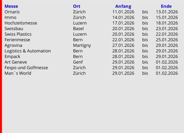 Januar 2026 Der Messekalender der Schweiz