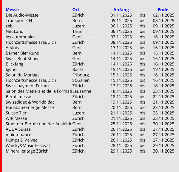 November 2025 Der Messekalender der Schweiz