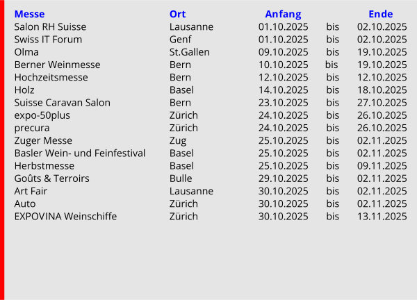Oktober 2025 Der Messekalender der Schweiz