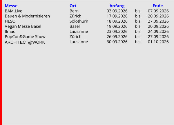 September Messekalender der Schweiz