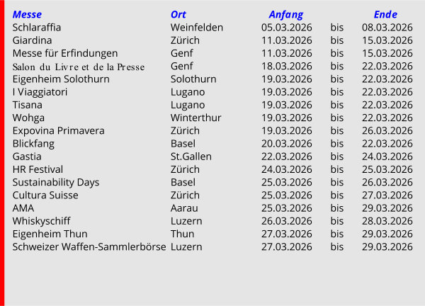 Der Messekalender der Schweiz